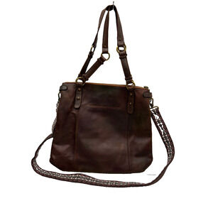 The Sak‎ Brown Leather Boho Braided Strap Zip Pocket Tote Shoulder Crossbody Bag